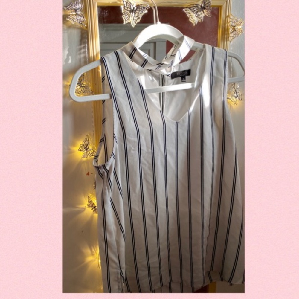 Striped knit choker neck top, V-bust cutout